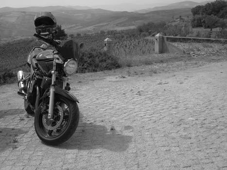 Motorcycle parked next to scenic view.