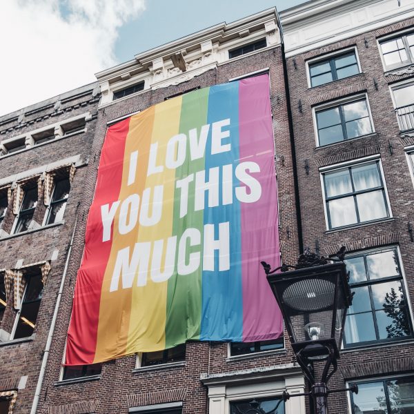 Rainbow flag on house.