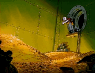 Scrooge jumping in money.