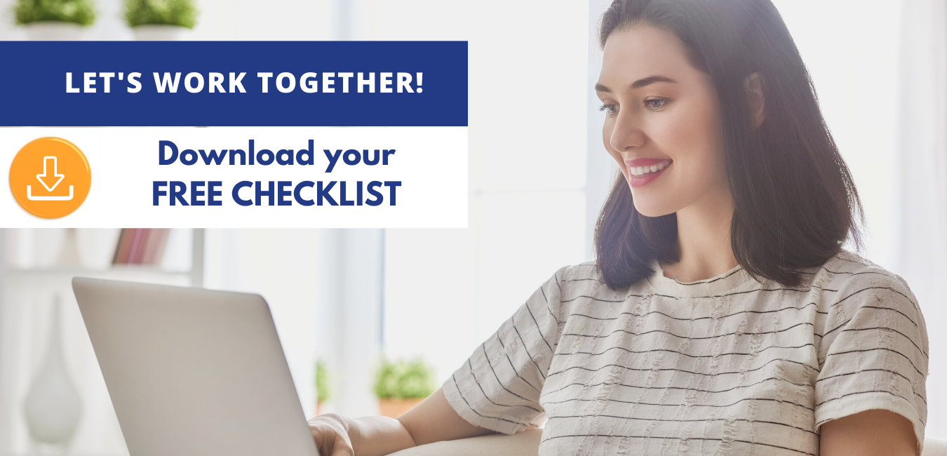 Woman at laptop happy she downloaded a free checklist.